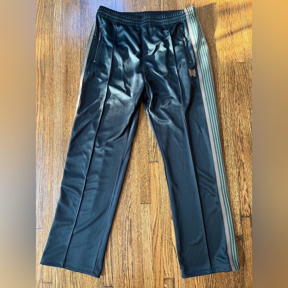 Needles Black Track Pants with Green Side Stripes